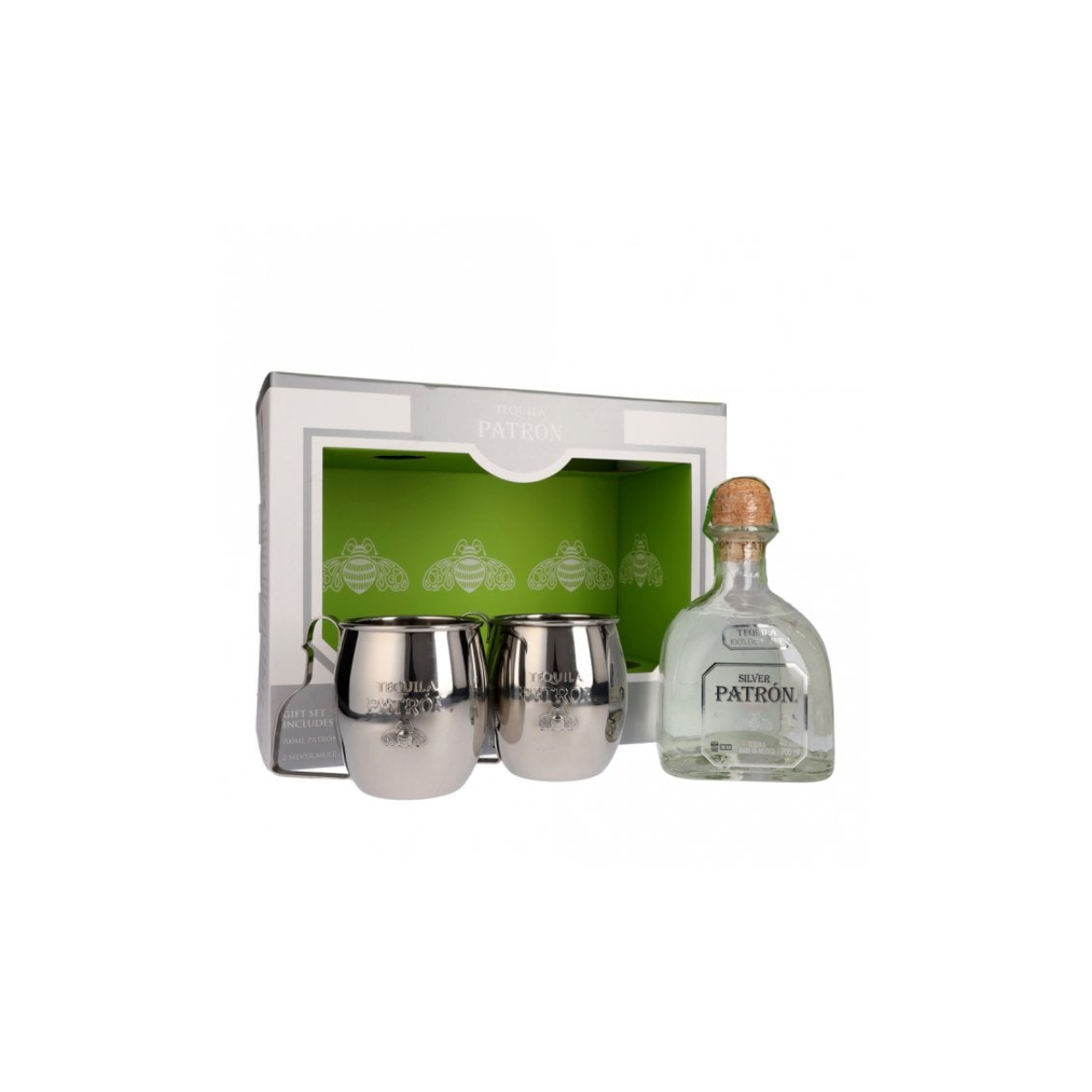 Patron Tequila Silver (Gift set with 2x silver mule Mugs)
