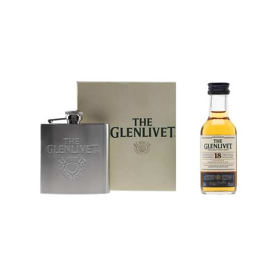 The Glenlivet 18 old miniature and hip flask gift set